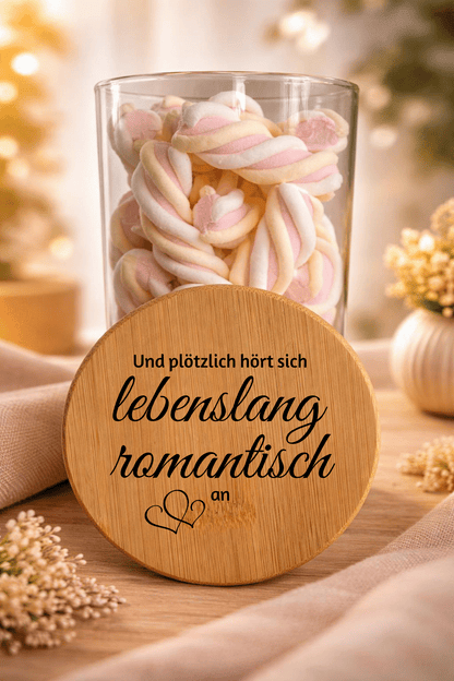 Geschenkglas "Lebenslang" mit Bambusdeckel, dekoratives Glasgefäß aus Glas mit Holzdeckel, langlebiges Geschenk von Ha1pe.de