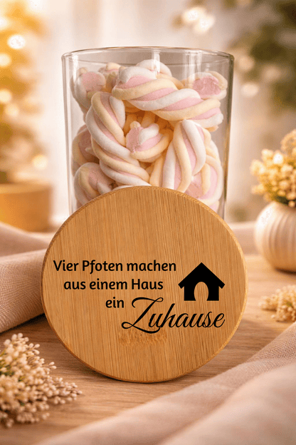 Geschenkglas mit Pfoten und Hausdesign, Bambusdeckel, dekoratives Glas für Haustierliebhaber, von Ha1pe.de