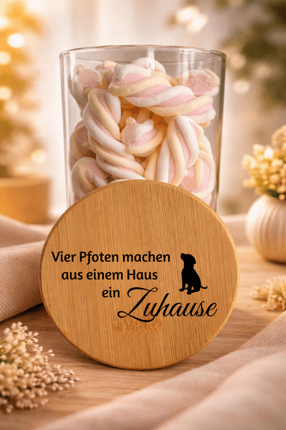 Geschenkglas mit Pfoten-Design und Hund, Bambusdeckel, dekoratives Glasgeschenk für Tierliebhaber, von Ha1pe.de