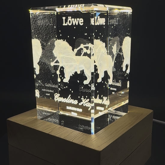 3D Kristall Sternzeichen Löwe mit LED-Holzsockel – Video
