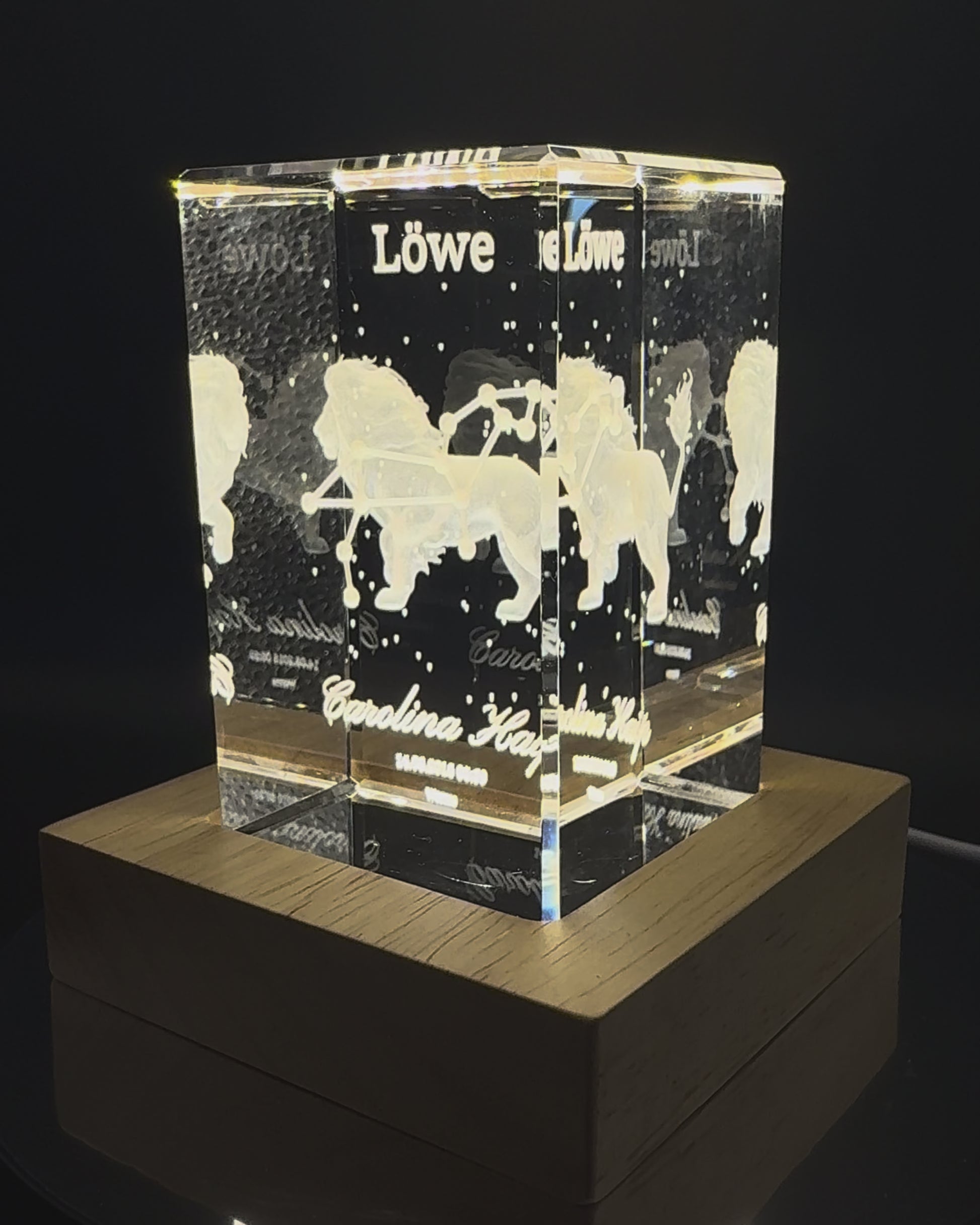 3D Kristall Sternzeichen Löwe mit LED-Holzsockel – Video