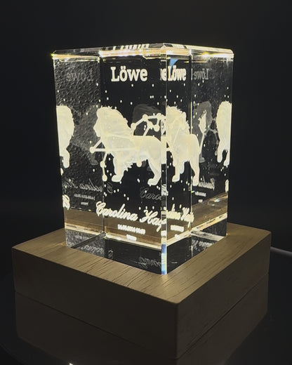 3D Kristall Sternzeichen Löwe mit LED-Holzsockel – Video