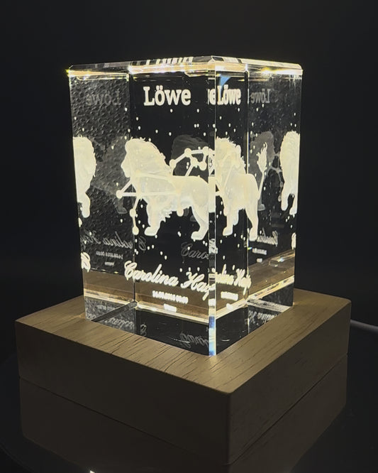 3D Kristall Sternzeichen Löwe mit LED-Holzsockel – Video