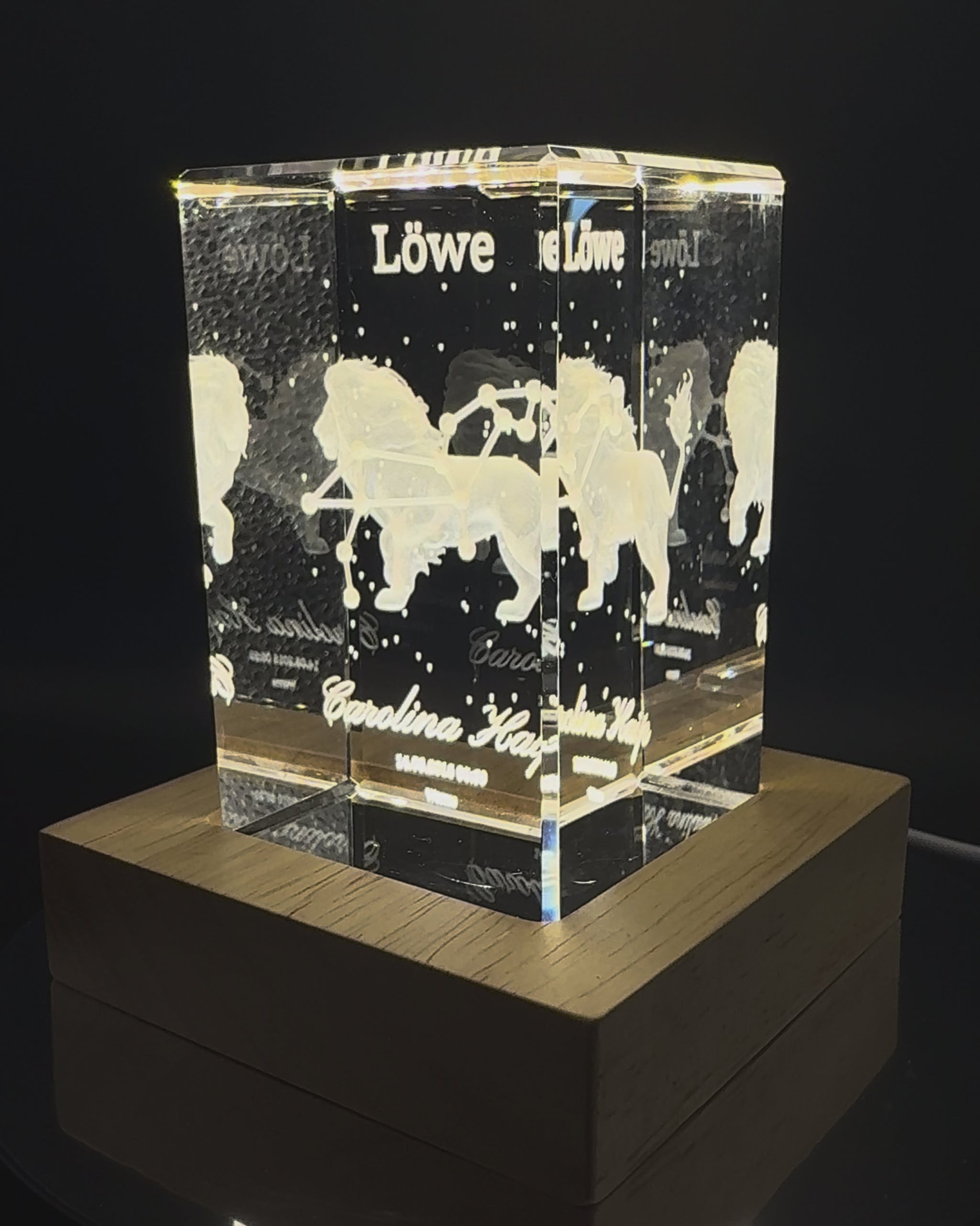 3D Kristall Sternzeichen Löwe mit LED-Holzsockel – Video