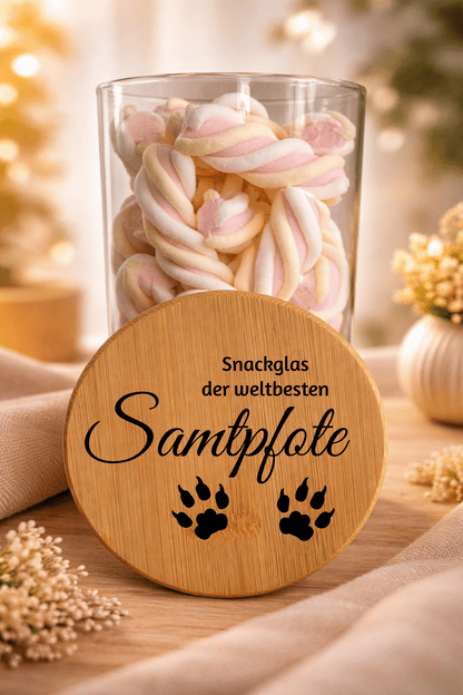 Geschenkglas "Samtpfote" von Ha1pe.de mit Bambusdeckel, dekoratives Glas mit Katze-Motiv auf weißem Hintergrund