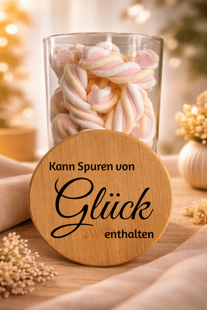 Geschenkglas "Spuren von Glück" mit Bambusdeckel, dekoratives Glas für Geschenke, von Ha1pe.de
